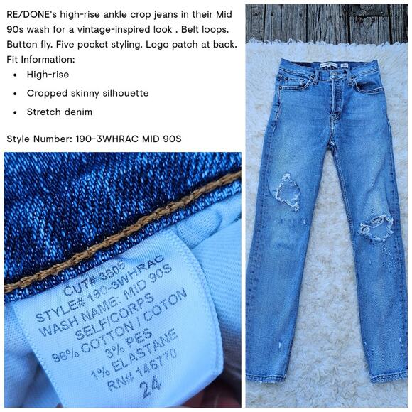 Size 24 Crop Jeans High Rise Ankle Re/Done Distressed Stretch Denim Button Fly - Picture 1 of 11